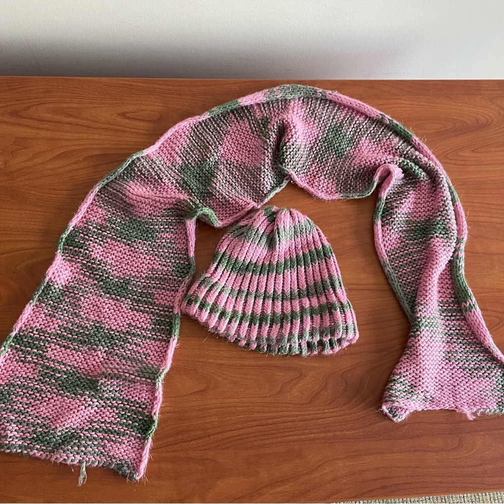 Pink and Green  Scarf and Hat Set